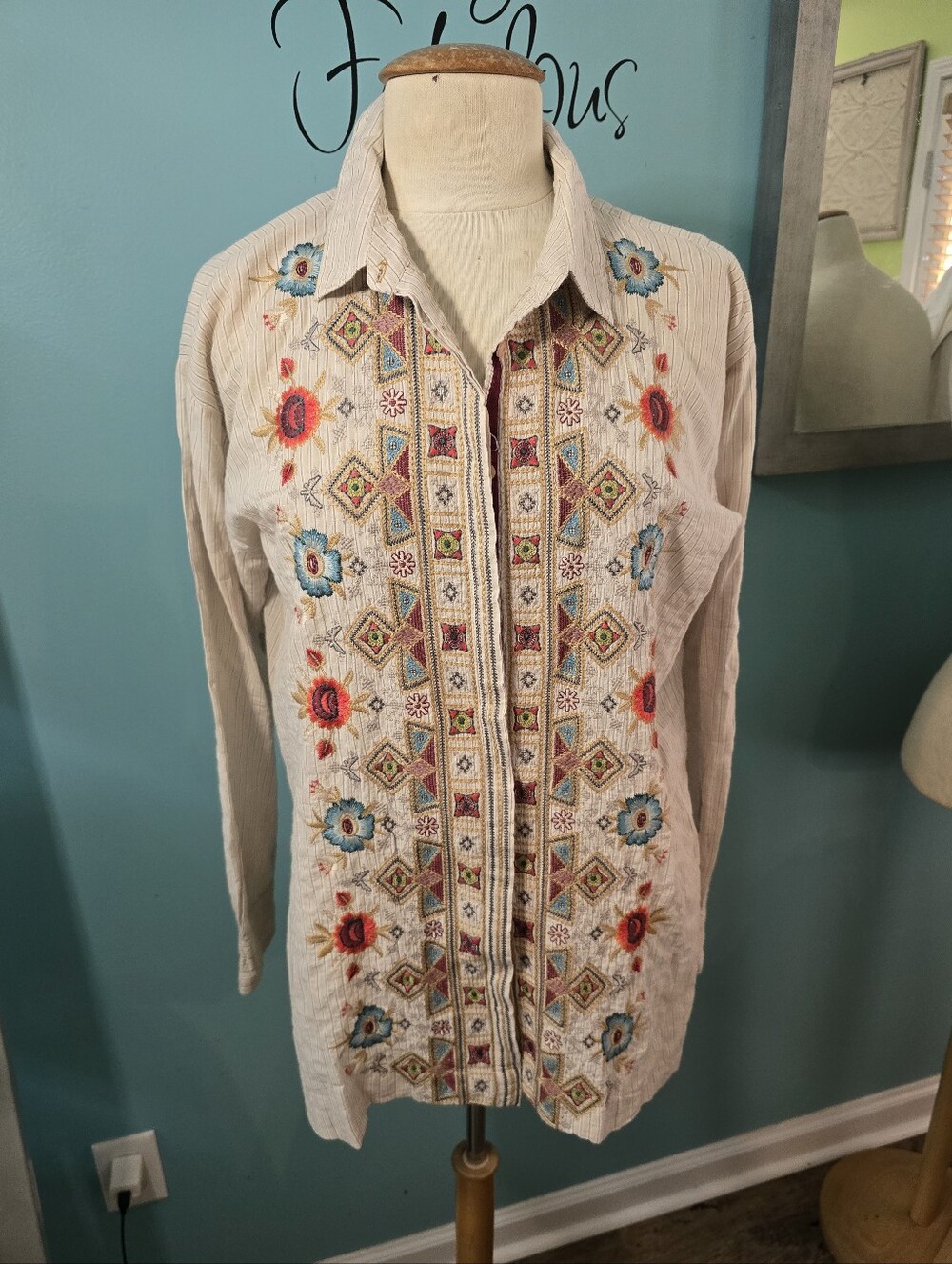 Johnny Was Boho Chic Colorful Embroidered Button-Up Tunic